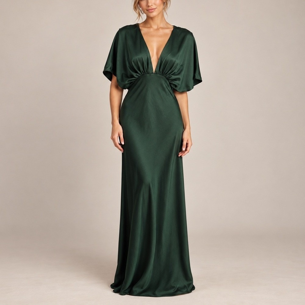 BHLDN Leila Deep V Flutter Sleeve Satin Gown S Dark Green Formal Maxi Dress